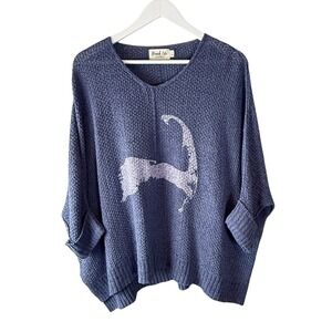 Beach Life Cape Cod Oversized Slouch Open Knit V-Neck Sweater Blue Women S-L